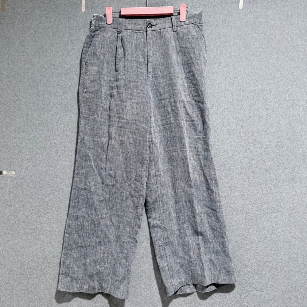 Lands End Womens 8 High Rise Wide Leg Linen Blend Pants Blue White Pleated Front
